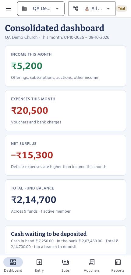 StewardBook dashboard on a phone: income, expenses, net surplus and total fund balance, with the cash waiting to be deposited below